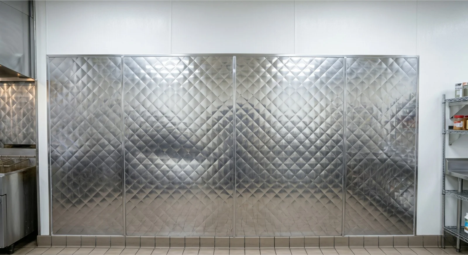 Same commercial kitchen hood plenum wall after Ontario Hood Cleaning stripped grease back to bare stainless steel
