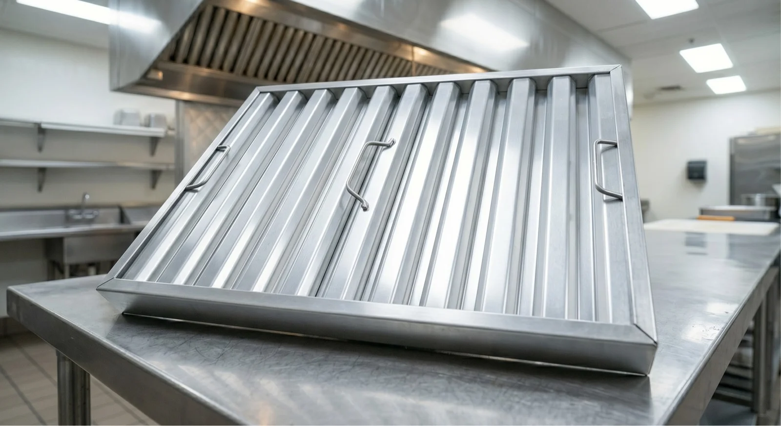 Same commercial kitchen exhaust duct photographed after hand-scraping and pressure-rinse, restored to bare stainless steel