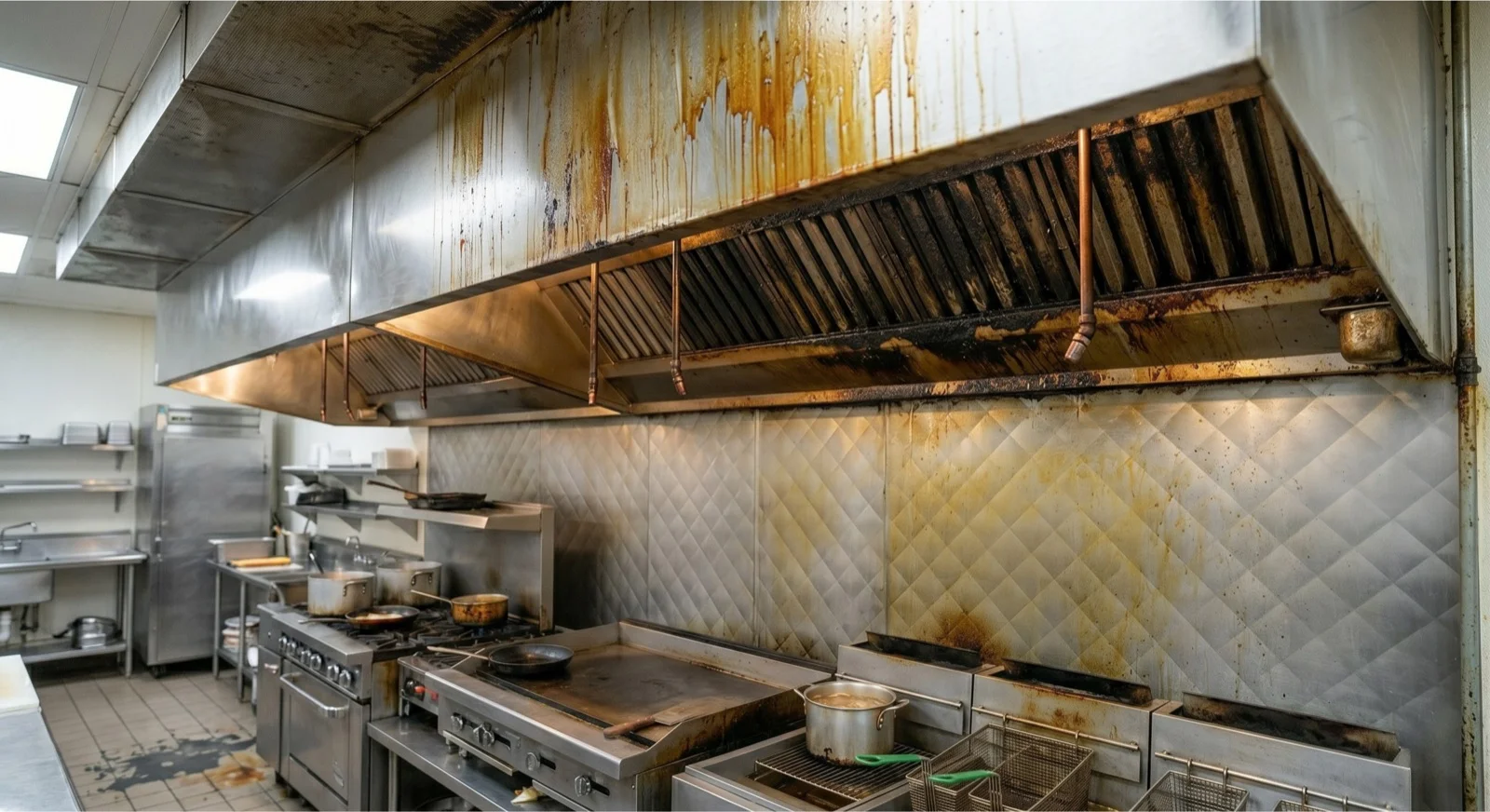 Hood access panel and surrounding stainless-steel surface heavily coated in grease before NFPA 96 cleaning