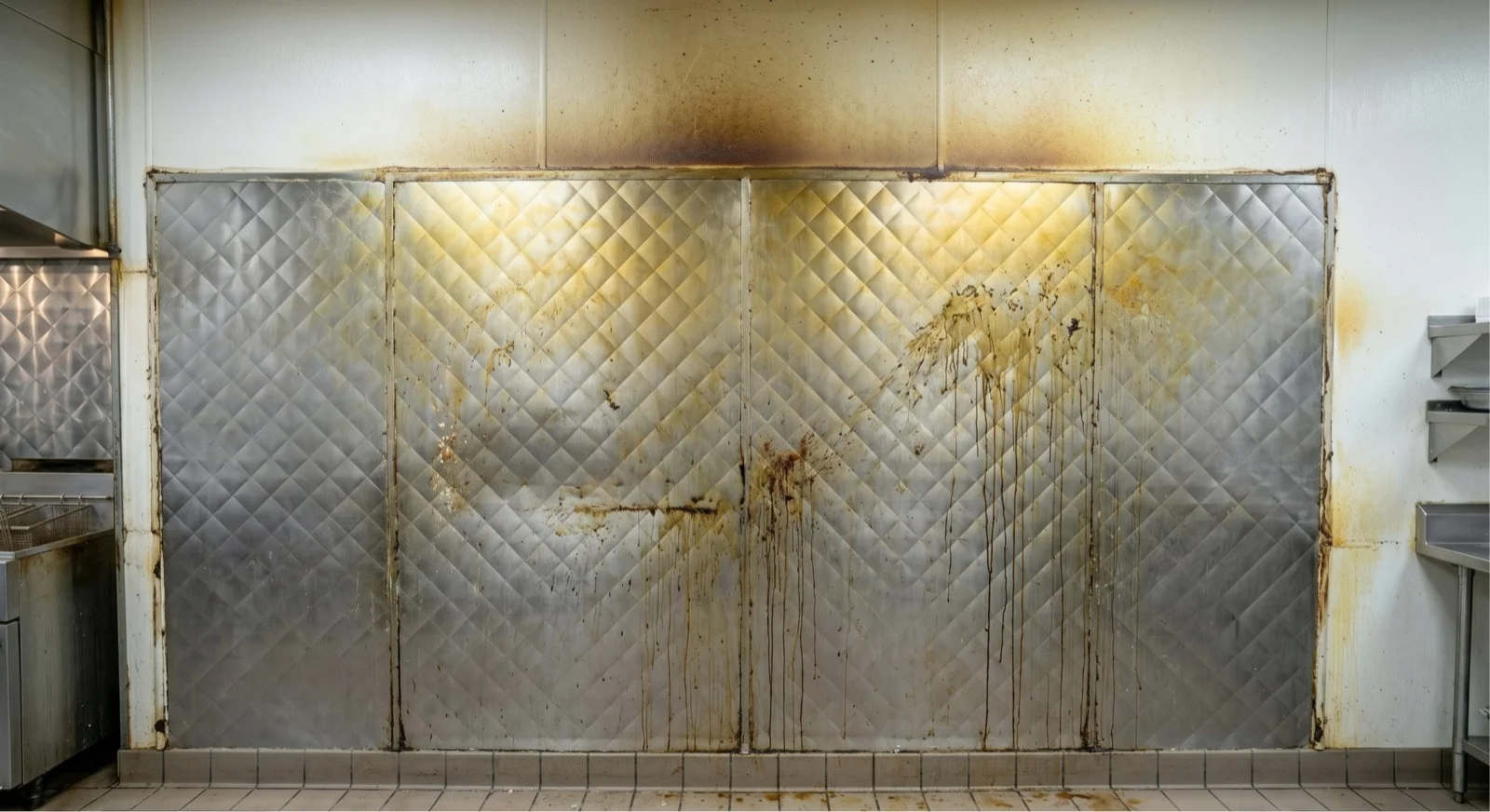 Interior wall of a commercial kitchen hood plenum coated in thick brown grease before NFPA 96 cleaning by Ontario Hood Cleaning