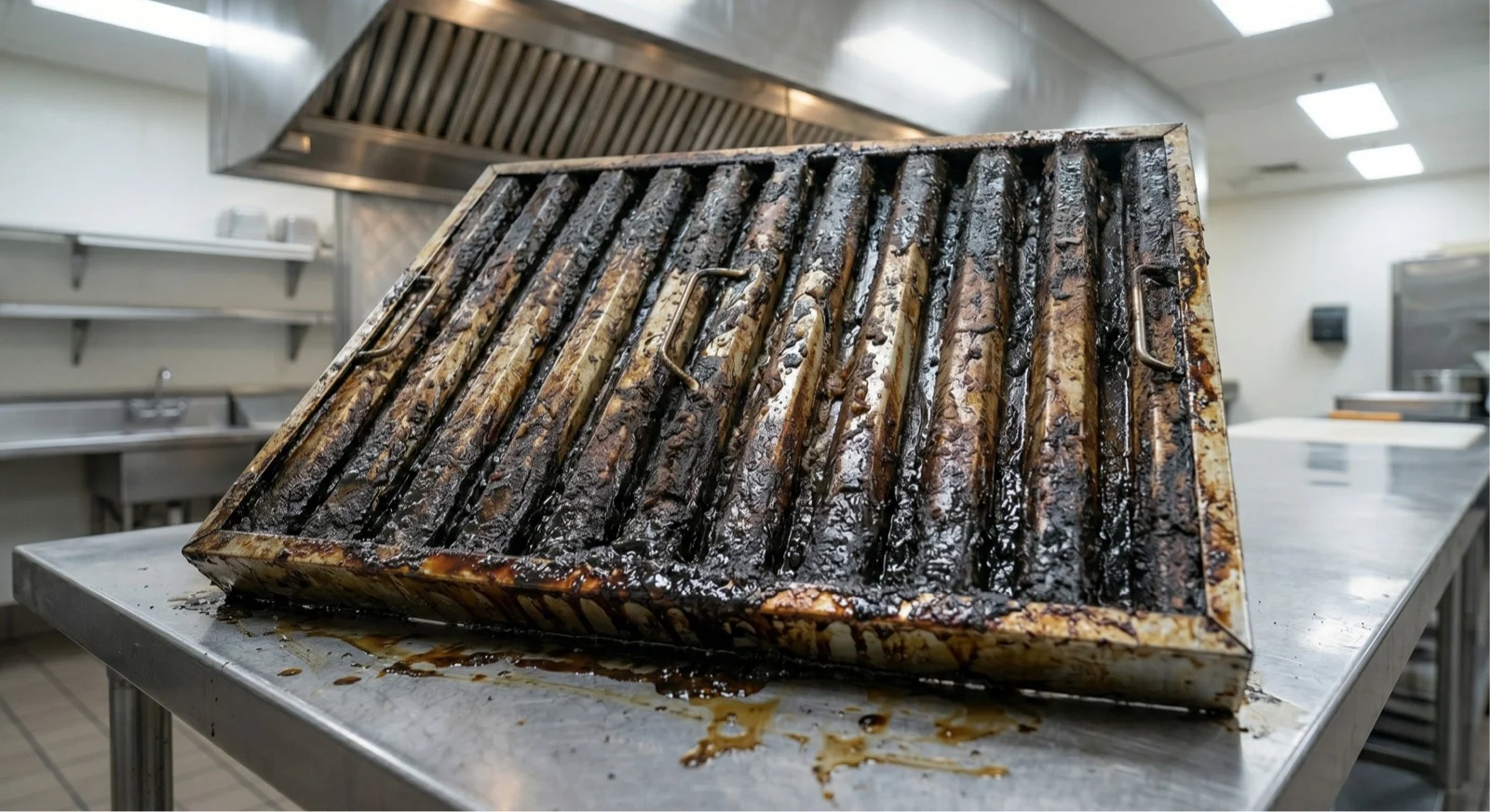 Heavily grease-coated commercial kitchen exhaust duct interior photographed before Ontario Hood Cleaning began an NFPA 96 service visit