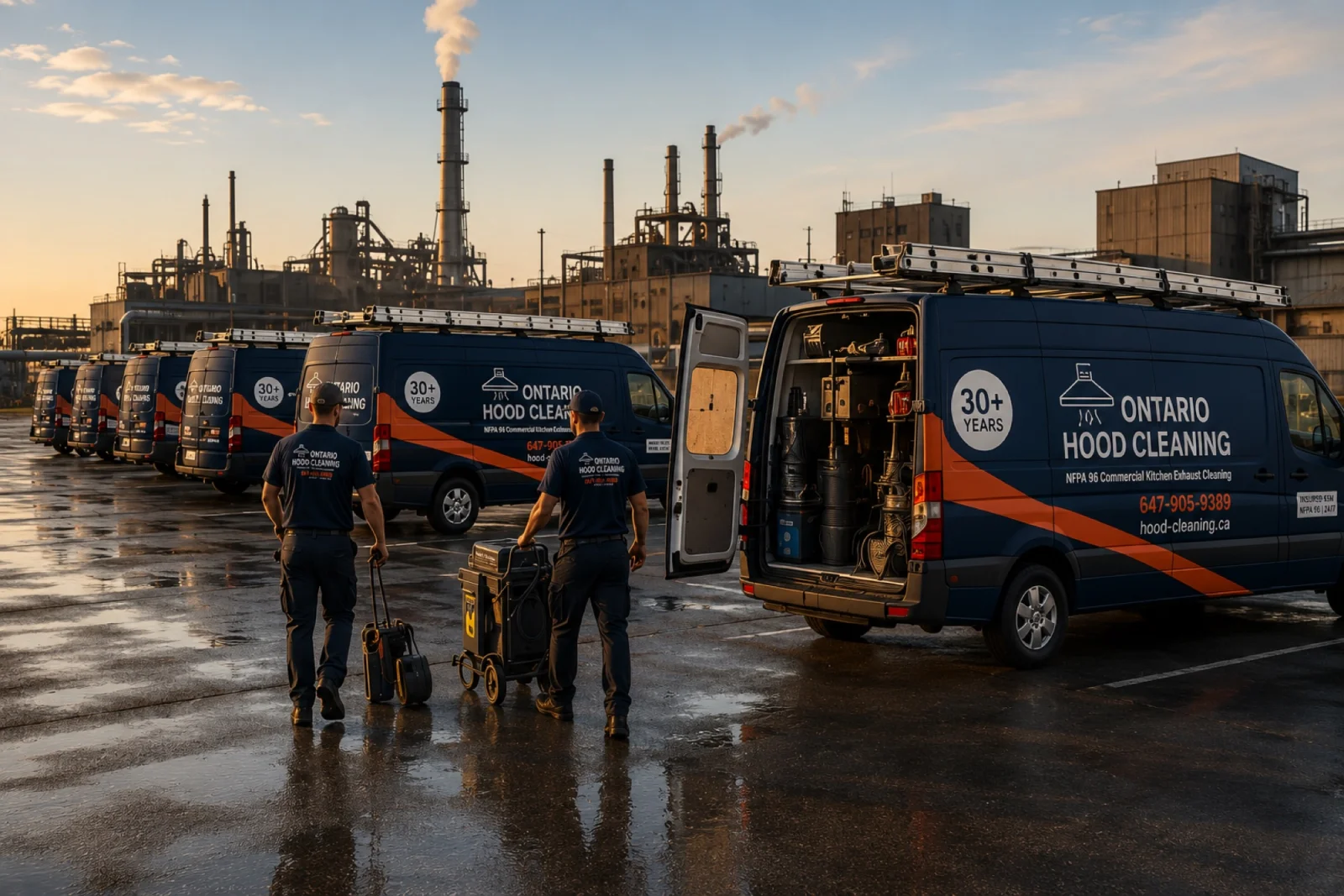 Ontario Hood Cleaning crew in branded navy uniforms preparing to service a commercial kitchen exhaust system on a multi-industry route across restaurants, hotels, and hospital cafeterias