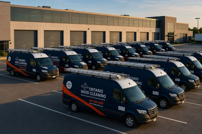 Ontario Hood Cleaning fleet depot at dusk illustrating the secure depot where cleaning records, signed compliance certificates, and customer data are stored under lock and key