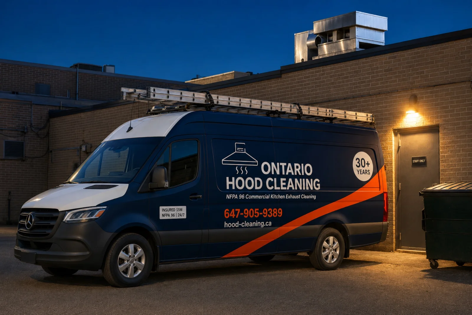 Ontario Hood Cleaning branded service vehicle parked at the depot during blue hour, ready for an overnight commercial kitchen exhaust cleaning route across Ontario
