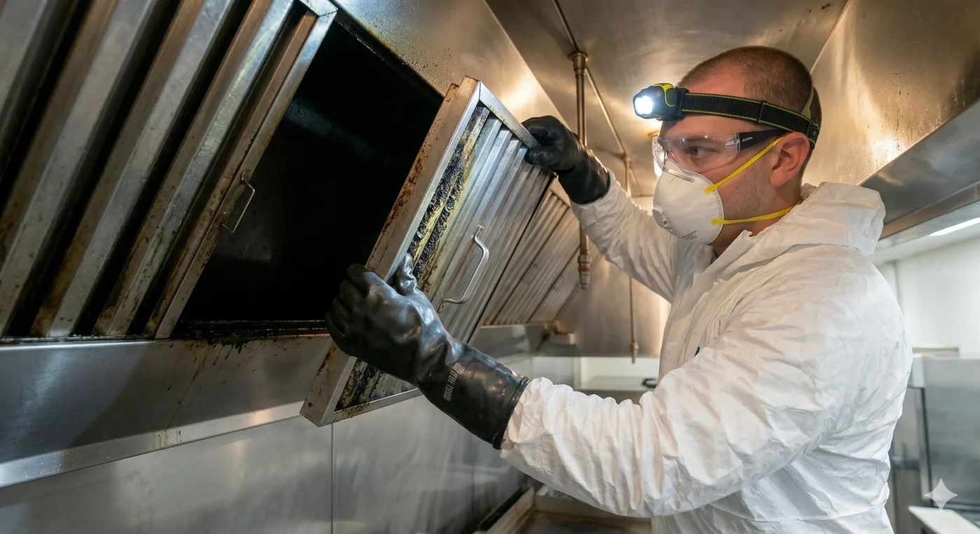 Heavily grease-loaded stainless-steel baffle filter pulled from a commercial kitchen hood, ready for hot-soak in degreaser tanks