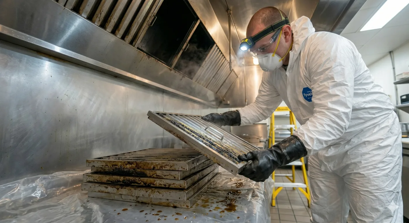 Four grease-laden baffle filters stacked next to a commercial kitchen hood, awaiting tank soak and replacement of damaged units
