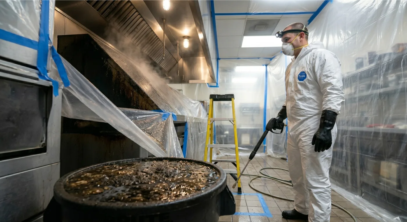 Ontario Hood Cleaning technician pressure-washing the interior plenum of a commercial kitchen hood with high-pressure hot water