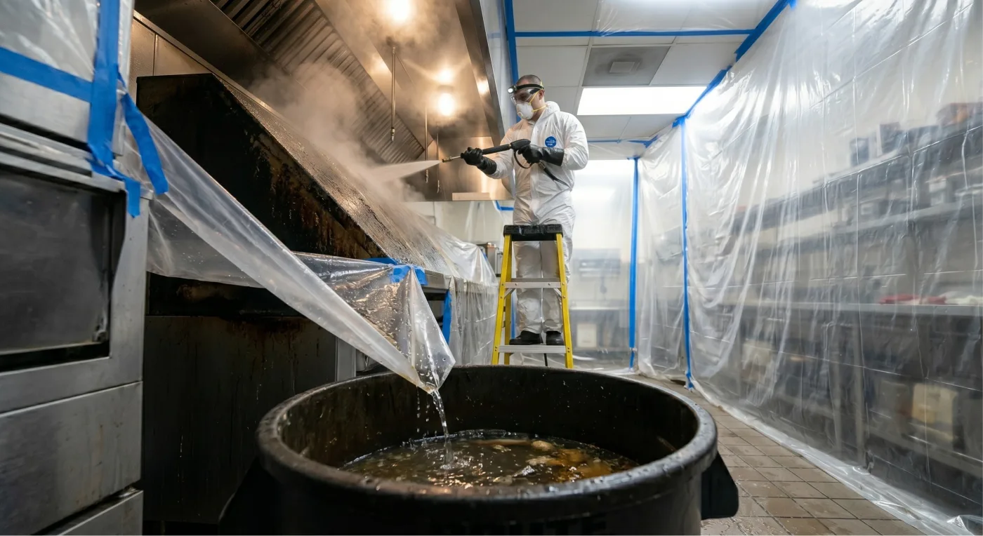 Pressure-washer wand stripping grease from the underside of a stainless-steel commercial hood canopy during an after-hours cleaning
