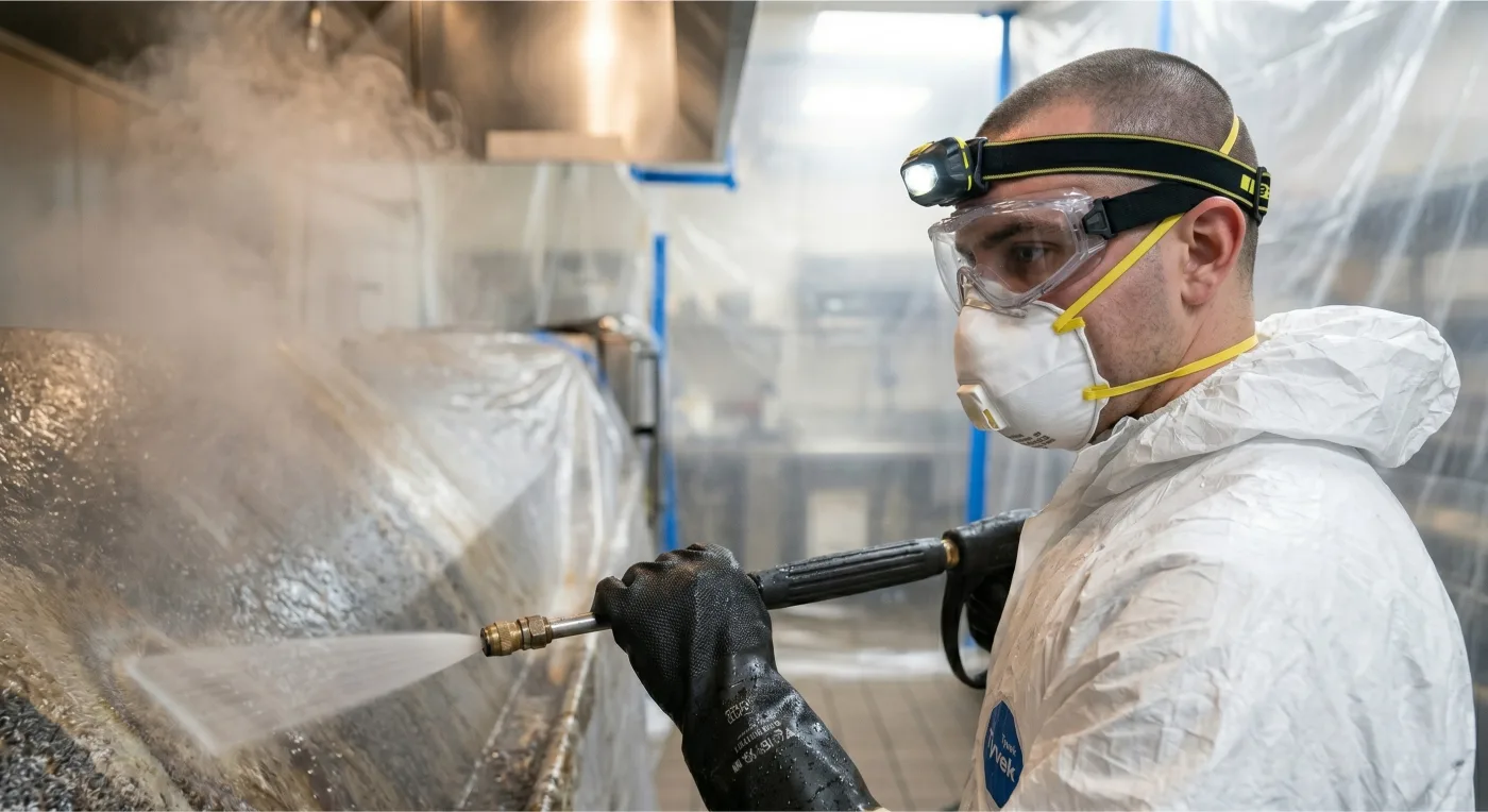Technician pressure-cleaning the interior of an opened grease duct above a commercial kitchen cook line during NFPA 96 service