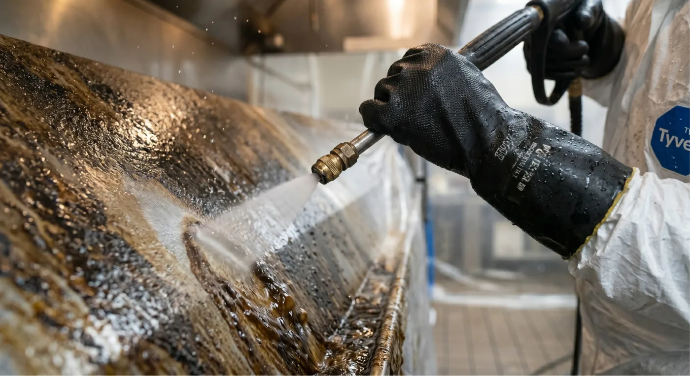Close-up of high-pressure hot water blasting baked-on grease from a stainless-steel baffle filter during commercial hood cleaning