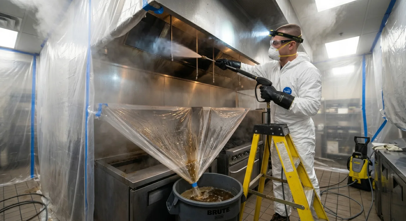Interior of a commercial kitchen exhaust hood being pressure-washed back to bare stainless steel by an Ontario Hood Cleaning crew