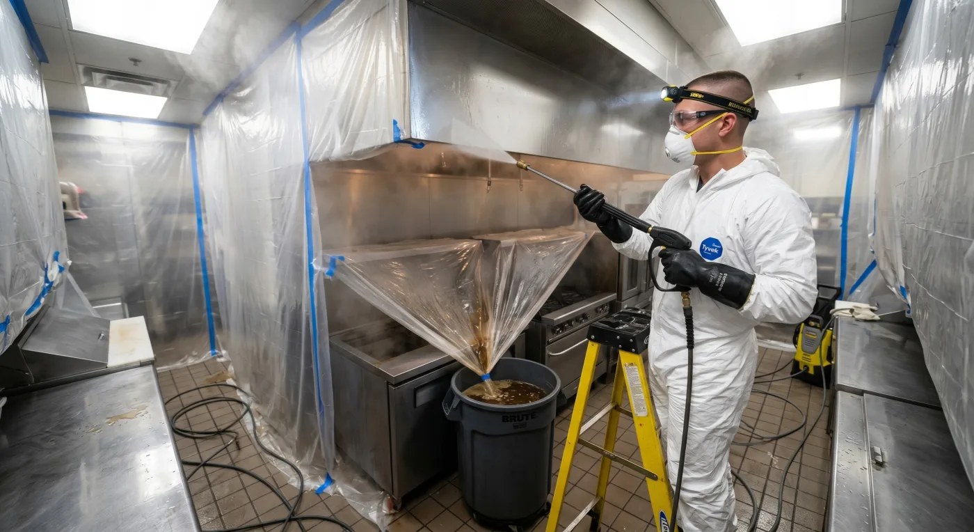 Final pressure-rinse of a commercial hood plenum after grease has been chemically stripped from every surface