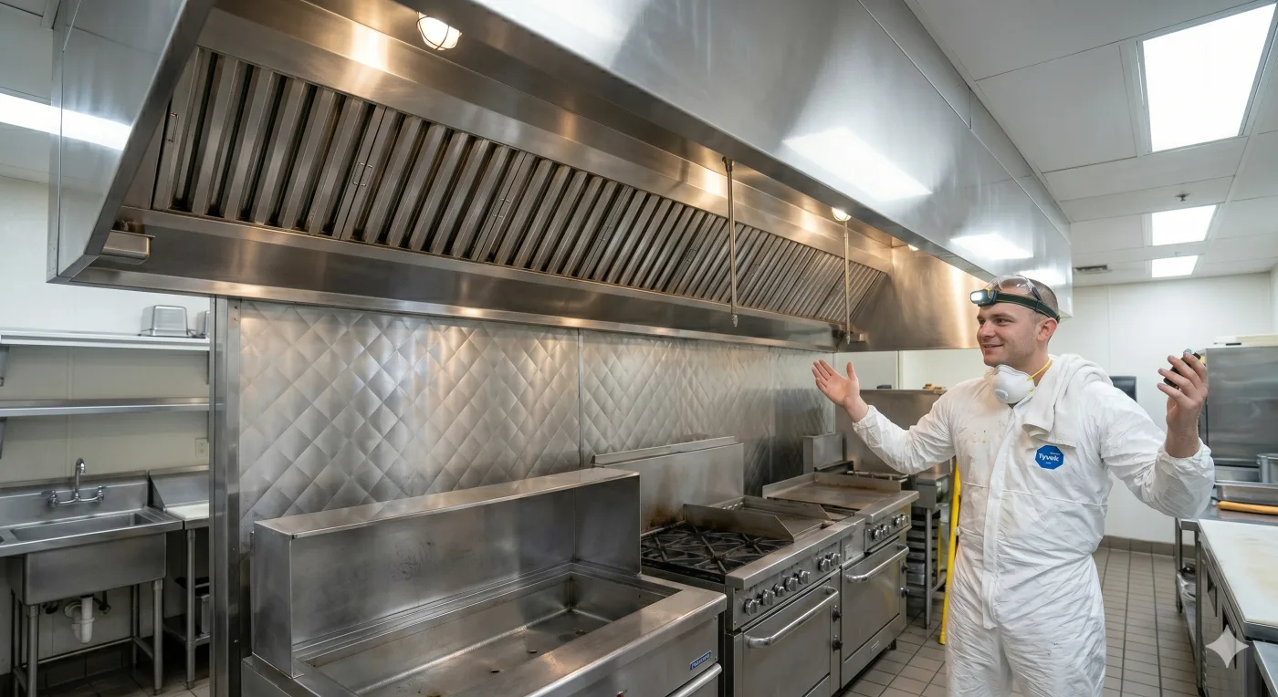 Ontario Hood Cleaning finished clean commercial kitchen hood canopy with baffle filters reinstalled after a complete NFPA 96 four service cleaning and photo report