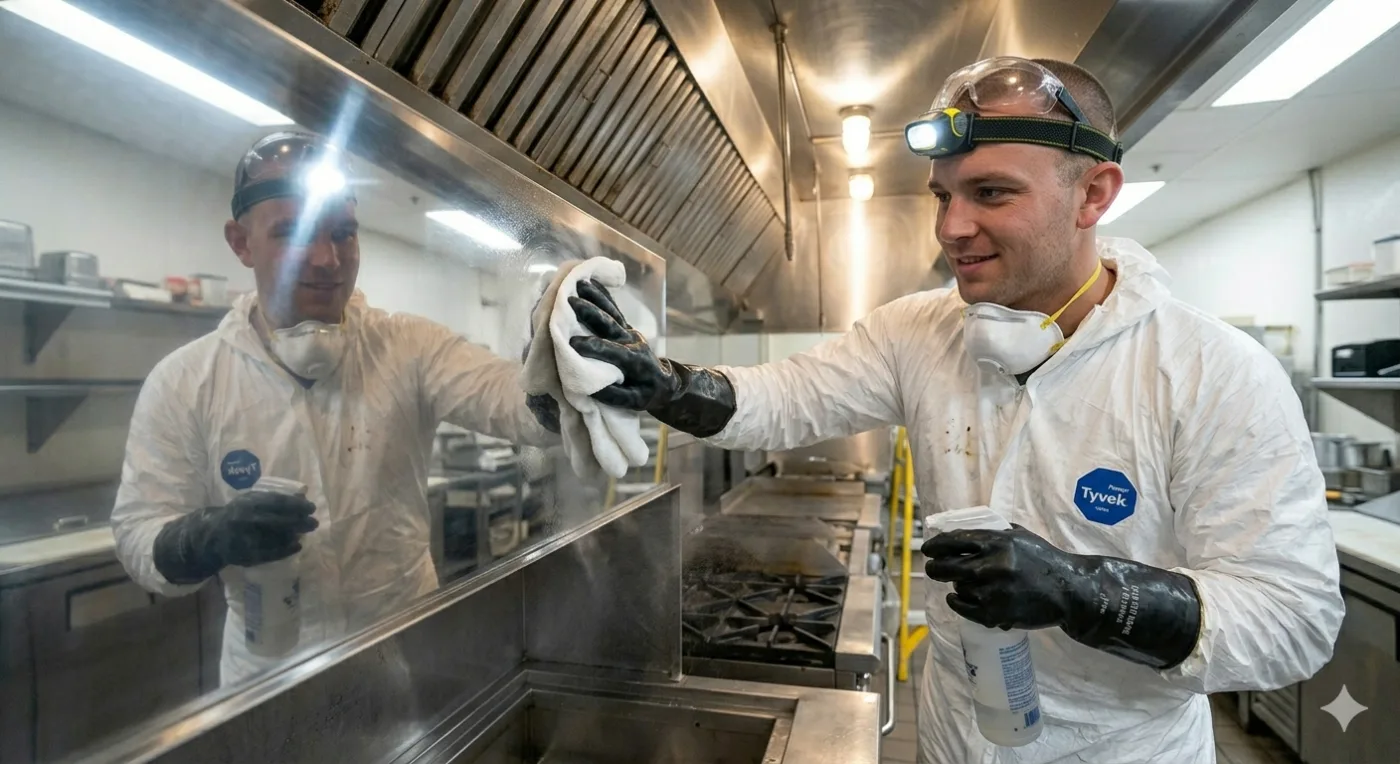 Polished, code-compliant stainless-steel commercial hood after Ontario Hood Cleaning has finished an NFPA 96 service visit