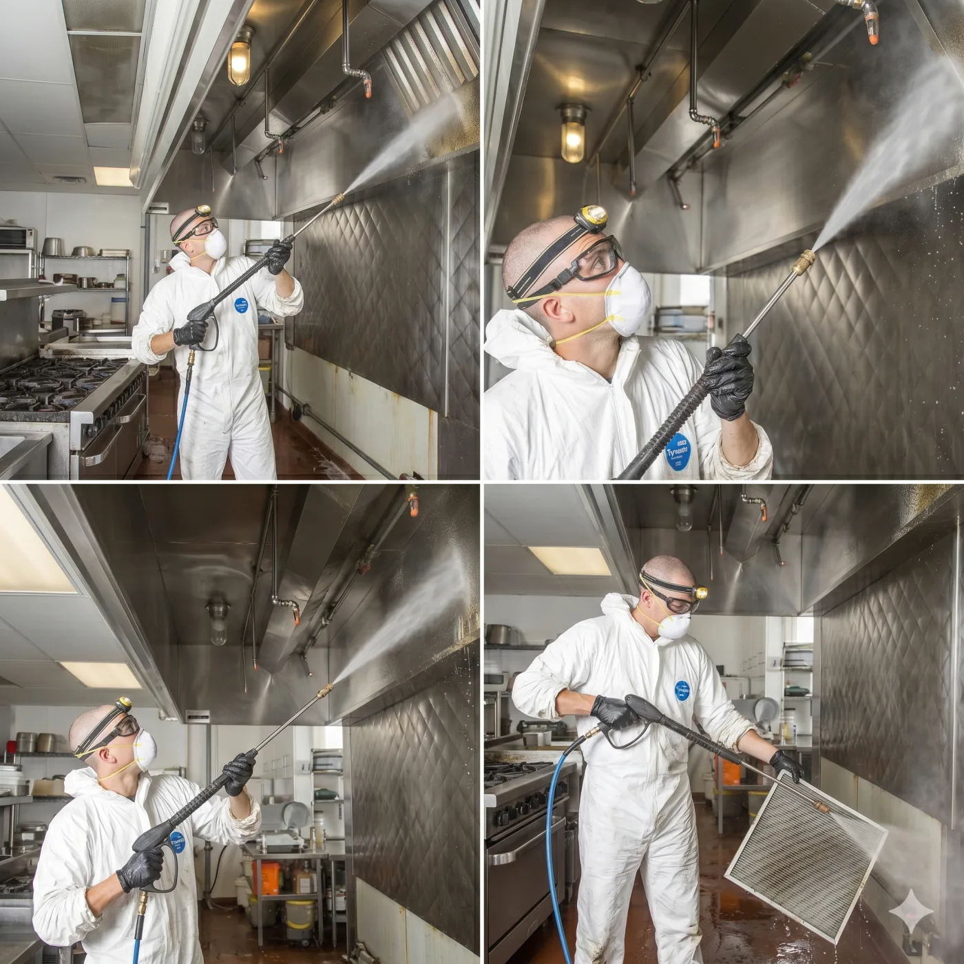 Ontario Hood Cleaning technician in branded navy uniform on site at a commercial kitchen exhaust cleaning job in Toronto