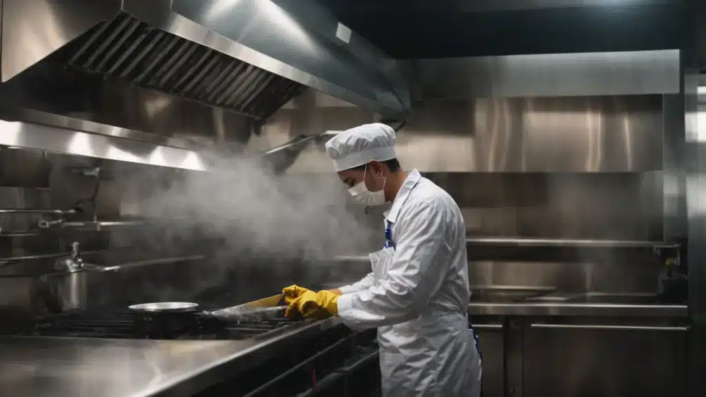 a professional cleaner steam-cleans a commercial kitchen hood, removing grease and grime.