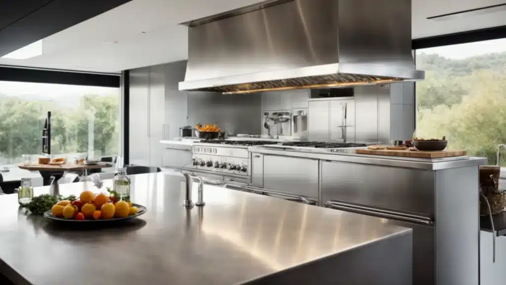 a sparkling clean kitchen hood towers over a gleaming stovetop in a well-ventilated commercial kitchen.